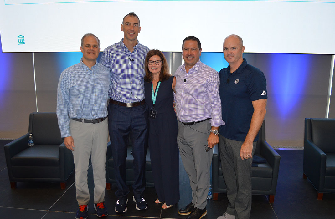Mass General Brigham Athletic Training Conference panelists Zdeno Chara, Peter Asnis, MD, Scott Waugh, PT, and John Whitesides, CSCS, with moderator Kelly McInnis, DO.